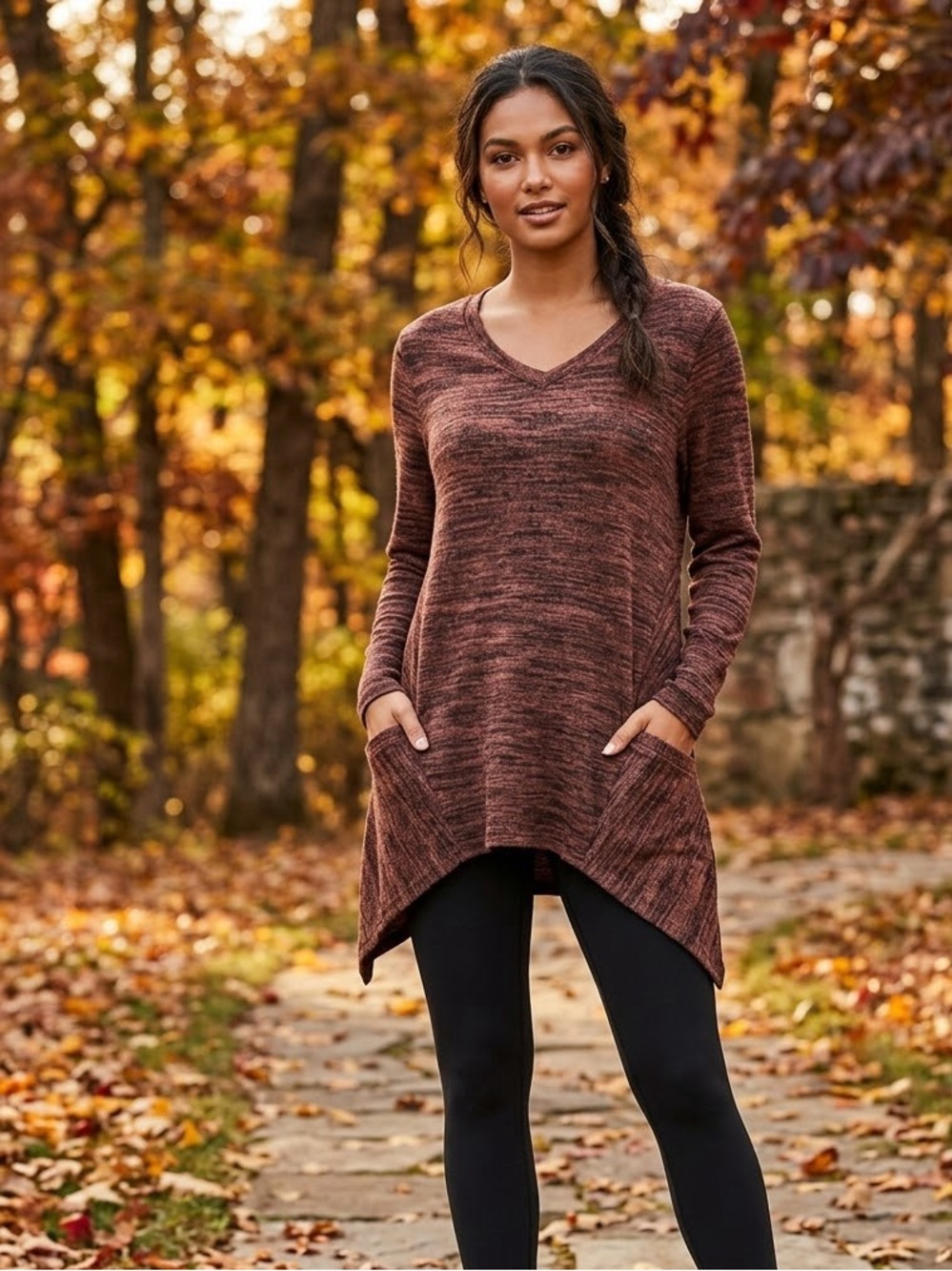 Women's V-Neck Cashmere Cotton Tunic Sweater in Marled Chestnut Brown Pockets